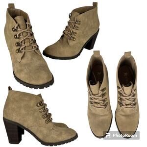 Restricted Heeled Ankle Booties Lace Up Faux Tan Brown Leather Womens Size 6.5